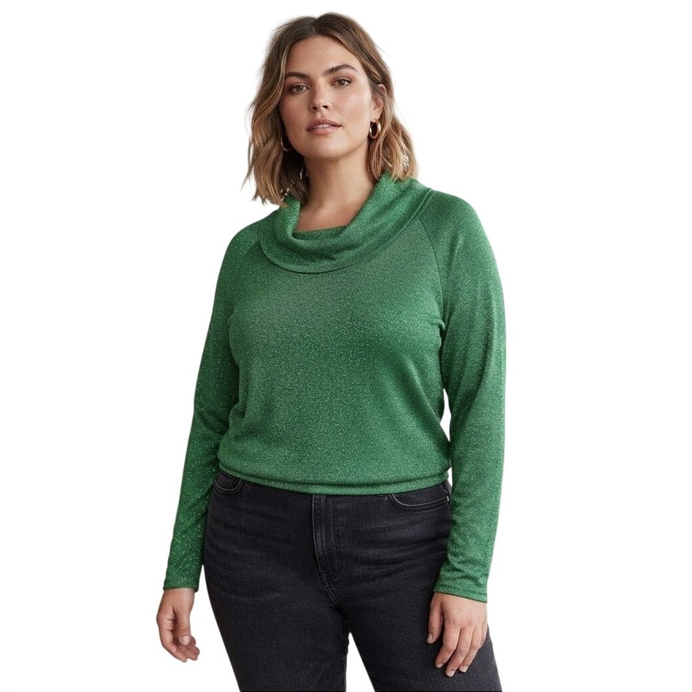 Alex Marie Silk Sweater Green Metallic Cowl Neck Shimmer Christmas Holidays XL
